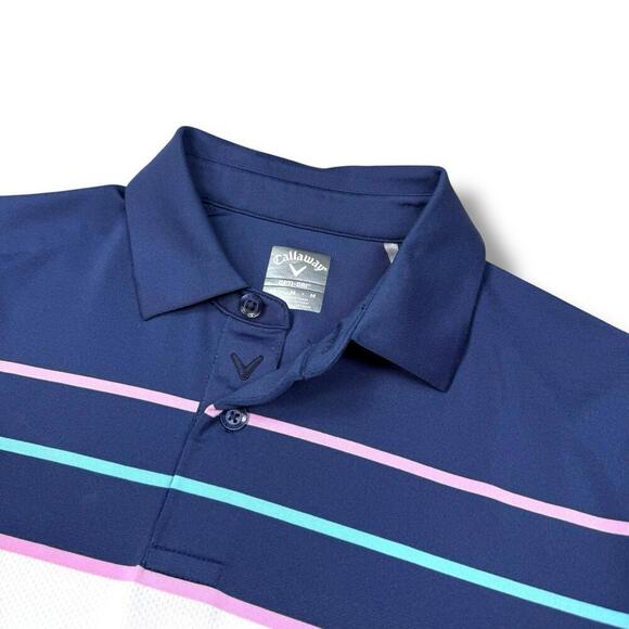 Callaway Shirt Men Medium Navy Striped OPTI DRI Performance Golf Polo Stretchy - Picture 5 of 9